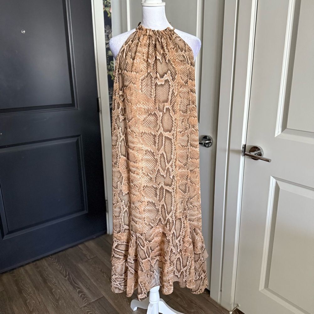 Zara Neutral Esthetic Snakeskin Halter Flowy A-Line Midi Dress Size S